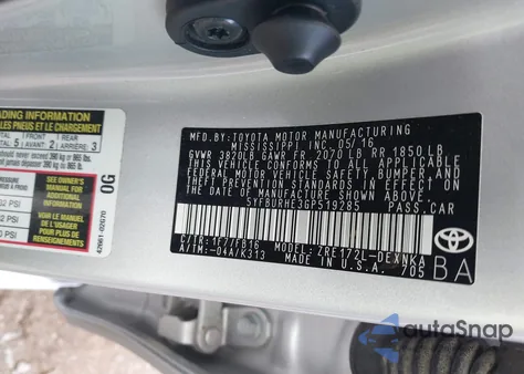 2016 Toyota Corolla Le Plus из США, поврежденный, VIN 5YFBURHE3GP519285